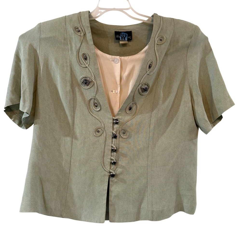 Y2K Coquette Girl Vintage Sage Green Embroidered Button Front Jacket Top XL